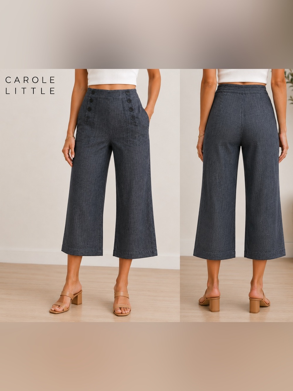 Carole Little 100% Linen Cropped Palazzo Pants Size 4 Blue Button Wide Leg